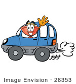 #26353 Clip Art Graphic Of A Plumbing Toilet Or Sink Plunger Cartoon Character Driving A Blue Car And Waving