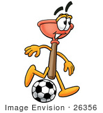 #26356 Clip Art Graphic Of A Plumbing Toilet Or Sink Plunger Cartoon Character Kicking A Soccer Ball