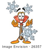 #26357 Clip Art Graphic Of A Plumbing Toilet Or Sink Plunger Cartoon Character With Three Snowflakes In Winter