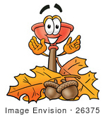 #26375 Clip Art Graphic Of A Plumbing Toilet Or Sink Plunger Cartoon Character With Autumn Leaves And Acorns In The Fall