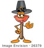 #26379 Clip Art Graphic Of A Plumbing Toilet Or Sink Plunger Cartoon Character Wearing A Pilgrim Hat On Thanksgiving