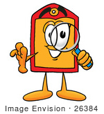 #26384 Clip Art Graphic Of A Red And Yellow Sales Price Tag Cartoon Character Looking Through A Magnifying Glass