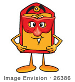 #26386 Clip Art Graphic Of A Red And Yellow Sales Price Tag Cartoon Character Wearing A Red Mask Over His Face