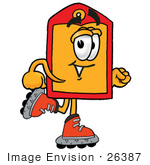 #26387 Clip Art Graphic Of A Red And Yellow Sales Price Tag Cartoon Character Roller Blading On Inline Skates
