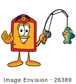 #26389 Clip Art Graphic Of A Red And Yellow Sales Price Tag Cartoon Character Holding A Fish On A Fishing Pole