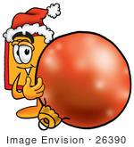 #26390 Clip Art Graphic Of A Red And Yellow Sales Price Tag Cartoon Character Wearing A Santa Hat Standing With A Christmas Bauble