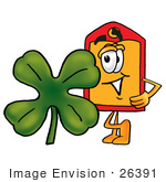 #26391 Clip Art Graphic Of A Red And Yellow Sales Price Tag Cartoon Character With A Green Four Leaf Clover On St Paddy’S Or St Patricks Day