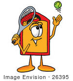 #26395 Clip Art Graphic Of A Red And Yellow Sales Price Tag Cartoon Character Preparing To Hit A Tennis Ball