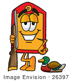 #26397 Clip Art Graphic Of A Red And Yellow Sales Price Tag Cartoon Character Duck Hunting Standing With A Rifle And Duck