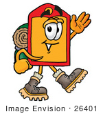 #26401 Clip Art Graphic Of A Red And Yellow Sales Price Tag Cartoon Character Hiking And Carrying A Backpack