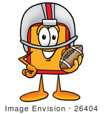 #26404 Clip Art Graphic Of A Red And Yellow Sales Price Tag Cartoon Character In A Helmet Holding A Football