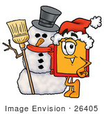 #26405 Clip Art Graphic Of A Red And Yellow Sales Price Tag Cartoon Character With A Snowman On Christmas