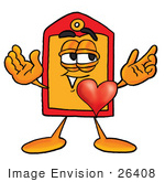 #26408 Clip Art Graphic Of A Red And Yellow Sales Price Tag Cartoon Character With His Heart Beating Out Of His Chest