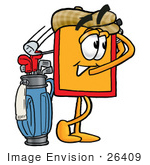 #26409 Clip Art Graphic Of A Red And Yellow Sales Price Tag Cartoon Character Swinging His Golf Club While Golfing