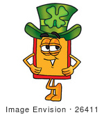 #26411 Clip Art Graphic Of A Red And Yellow Sales Price Tag Cartoon Character Wearing A Saint Patricks Day Hat With A Clover On It