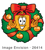 #26414 Clip Art Graphic Of A Red And Yellow Sales Price Tag Cartoon Character In The Center Of A Christmas Wreath