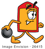 #26415 Clip Art Graphic Of A Red And Yellow Sales Price Tag Cartoon Character Holding A Bowling Ball