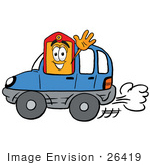 #26419 Clip Art Graphic Of A Red And Yellow Sales Price Tag Cartoon Character Driving A Blue Car And Waving