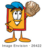 #26422 Clip Art Graphic Of A Red And Yellow Sales Price Tag Cartoon Character Catching A Baseball With A Glove