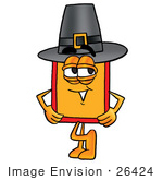 #26424 Clip Art Graphic Of A Red And Yellow Sales Price Tag Cartoon Character Wearing A Pilgrim Hat On Thanksgiving