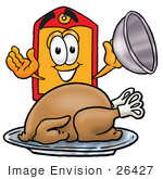 #26427 Clip Art Graphic Of A Red And Yellow Sales Price Tag Cartoon Character Serving A Thanksgiving Turkey On A Platter