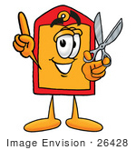 #26428 Clip Art Graphic Of A Red And Yellow Sales Price Tag Cartoon Character Holding A Pair Of Scissors