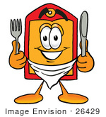 #26429 Clip Art Graphic Of A Red And Yellow Sales Price Tag Cartoon Character Holding A Knife And Fork