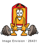 #26431 Clip Art Graphic Of A Red And Yellow Sales Price Tag Cartoon Character Lifting A Heavy Barbell