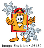 #26435 Clip Art Graphic Of A Red And Yellow Sales Price Tag Cartoon Character With Three Snowflakes In Winter