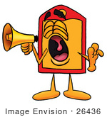 #26436 Clip Art Graphic Of A Red And Yellow Sales Price Tag Cartoon Character Screaming Into A Megaphone
