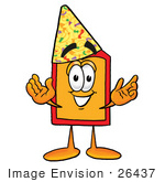 #26437 Clip Art Graphic Of A Red And Yellow Sales Price Tag Cartoon Character Wearing A Birthday Party Hat