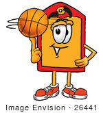 #26441 Clip Art Graphic Of A Red And Yellow Sales Price Tag Cartoon Character Spinning A Basketball On His Finger