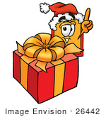 #26442 Clip Art Graphic Of A Red And Yellow Sales Price Tag Cartoon Character Standing By A Christmas Present