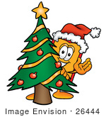 #26444 Clip Art Graphic Of A Red And Yellow Sales Price Tag Cartoon Character Waving And Standing By A Decorated Christmas Tree