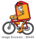 #26445 Clip Art Graphic Of A Red And Yellow Sales Price Tag Cartoon Character Riding A Bicycle