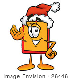 #26446 Clip Art Graphic Of A Red And Yellow Sales Price Tag Cartoon Character Wearing A Santa Hat And Waving