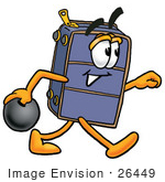 #26449 Clip Art Graphic Of A Suitcase Luggage Cartoon Character Holding A Bowling Ball