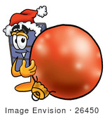 #26450 Clip Art Graphic Of A Suitcase Luggage Cartoon Character Wearing A Santa Hat Standing With A Christmas Bauble