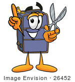 #26452 Clip Art Graphic Of A Suitcase Luggage Cartoon Character Holding A Pair Of Scissors