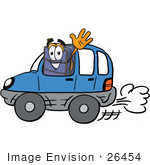 #26454 Clip Art Graphic Of A Suitcase Luggage Cartoon Character Driving A Blue Car And Waving