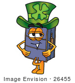 #26455 Clip Art Graphic Of A Suitcase Luggage Cartoon Character Wearing A Saint Patricks Day Hat With A Clover On It
