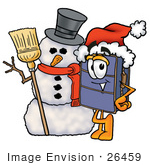 #26459 Clip Art Graphic of a Suitcase Luggage Cartoon Character With a Snowman on Christmas by toons4biz