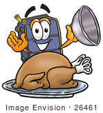 #26461 Clip Art Graphic Of A Suitcase Luggage Cartoon Character Serving A Thanksgiving Turkey On A Platter