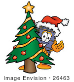#26463 Clip Art Graphic Of A Suitcase Luggage Cartoon Character Waving And Standing By A Decorated Christmas Tree