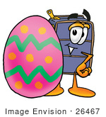 #26467 Clip Art Graphic Of A Suitcase Luggage Cartoon Character Standing Beside An Easter Egg