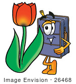 #26468 Clip Art Graphic Of A Suitcase Luggage Cartoon Character With A Red Tulip Flower In The Spring