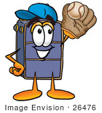 #26476 Clip Art Graphic Of A Suitcase Luggage Cartoon Character Catching A Baseball With A Glove