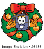 #26486 Clip Art Graphic Of A Suitcase Luggage Cartoon Character In The Center Of A Christmas Wreath