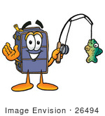 #26494 Clip Art Graphic Of A Suitcase Luggage Cartoon Character Holding A Fish On A Fishing Pole