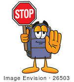 #26503 Clip Art Graphic Of A Suitcase Luggage Cartoon Character Holding A Stop Sign
